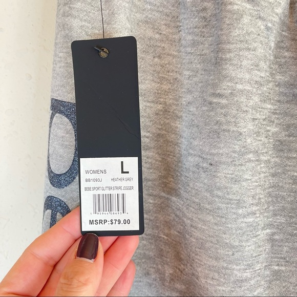 BEBE Sport Glitter Logo Stripe Heather Grey Joggers/Sz:L/NWT - Picture 10 of 12